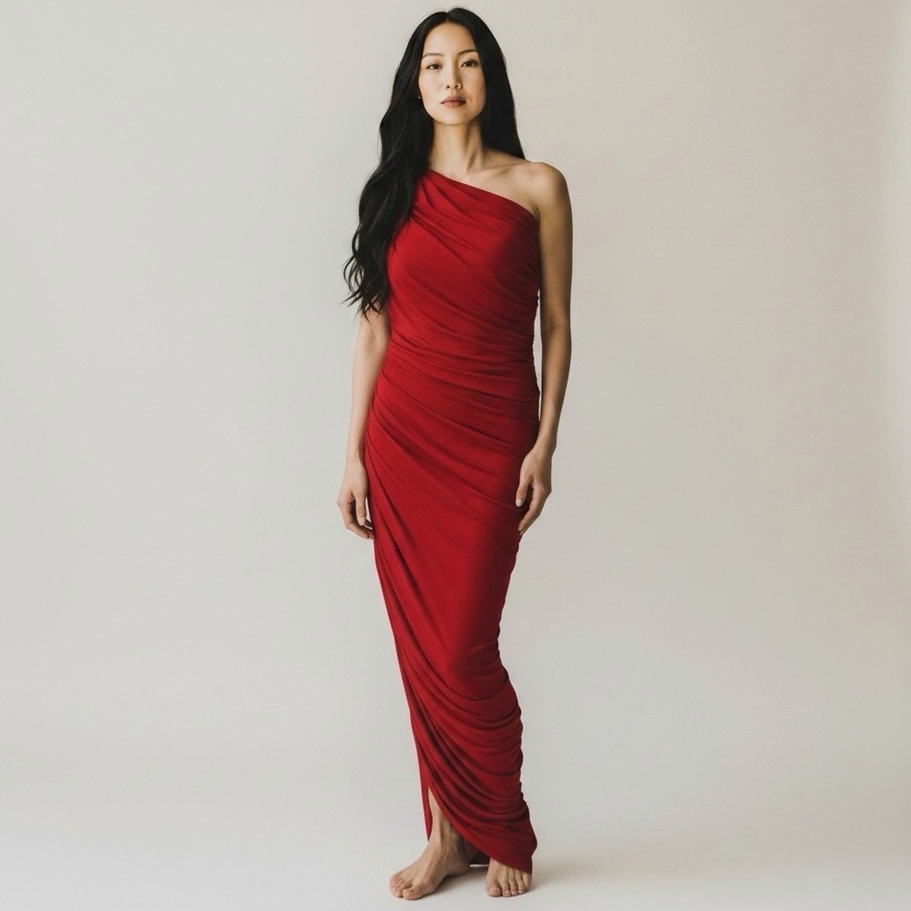 Norma Kamali Diana Ruched One Shoulder Maxi Gown Red Extra Small XS Excellent